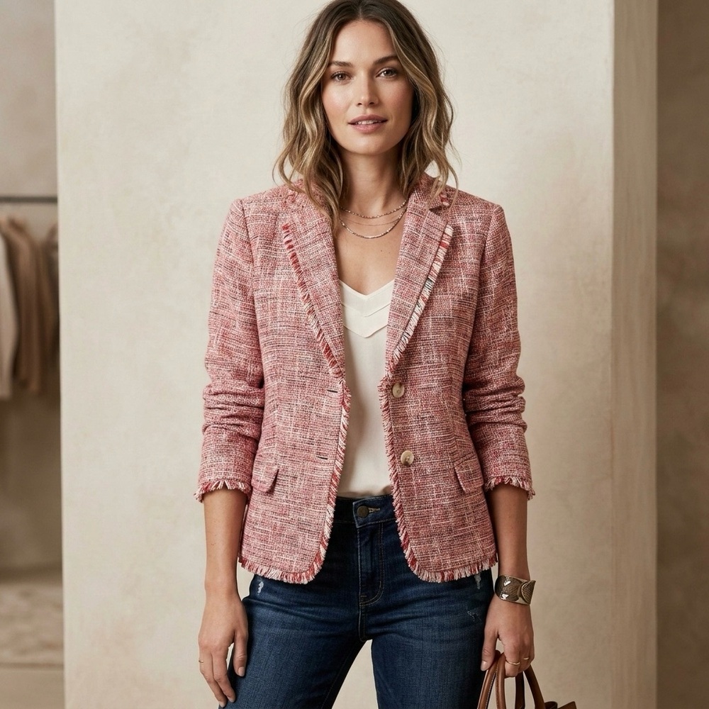 Banana Republic Pink Tweed Fringed Blazer